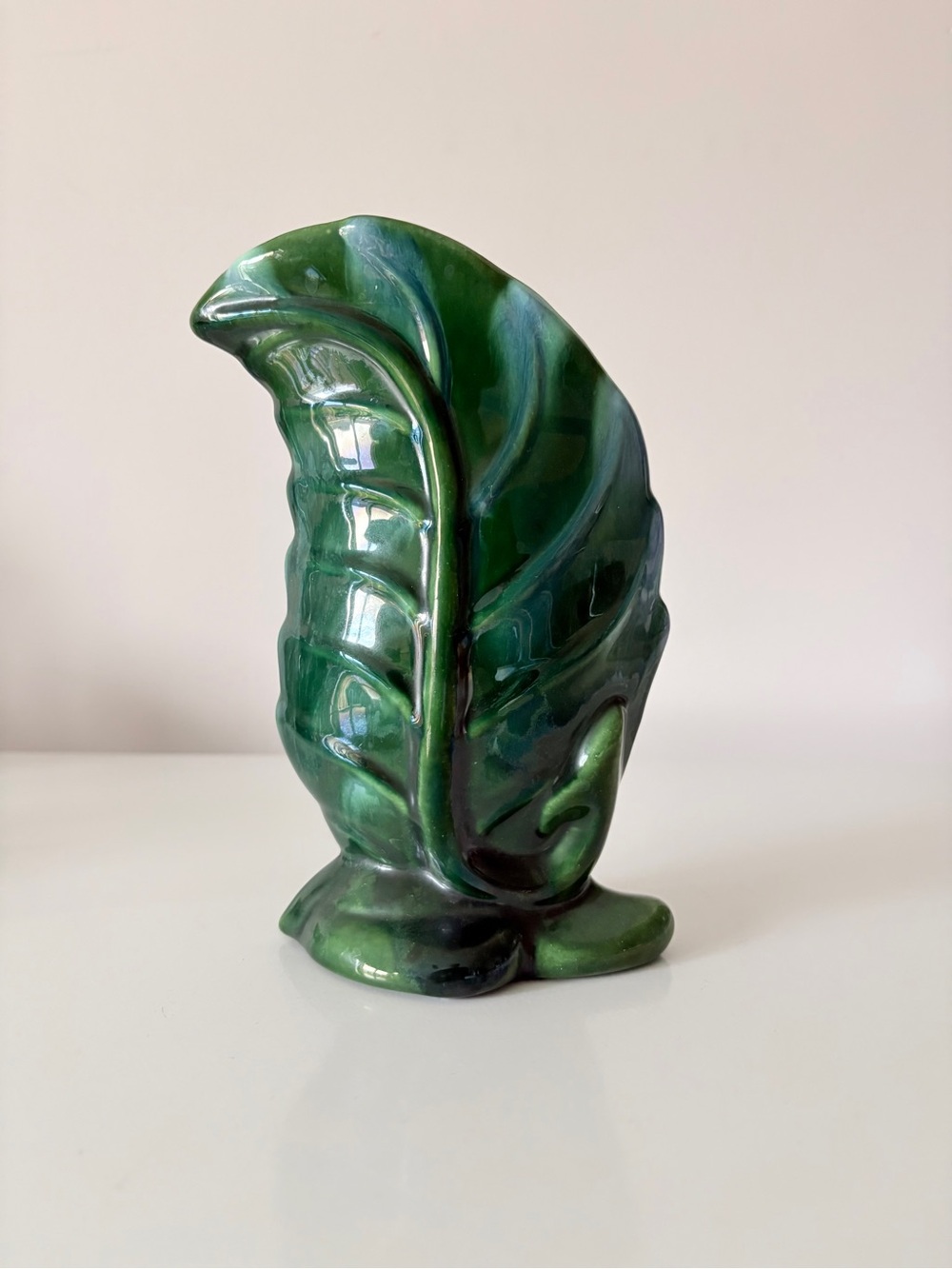 Vintage Royal Haeger Pottery Leaf Vase Green Blue Drip Glaze Mid Century Modern